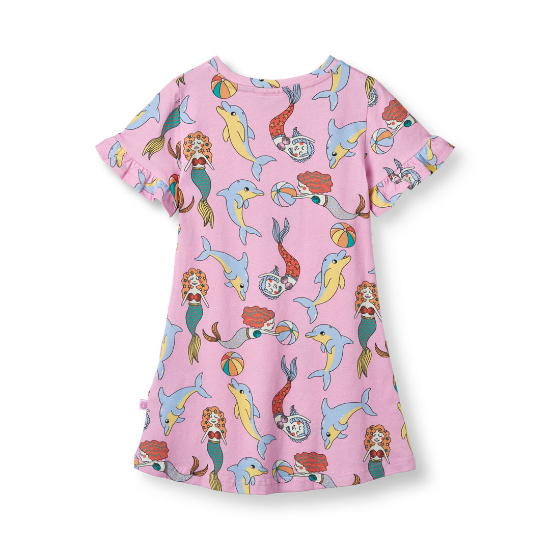 Short-sleeved dress with mermaids and dolphins
