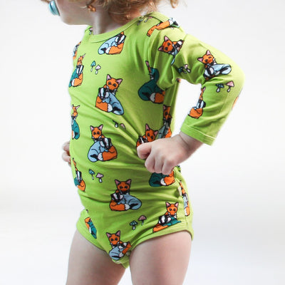 Long-sleeved bodysuit with badger cubs and fox cubs