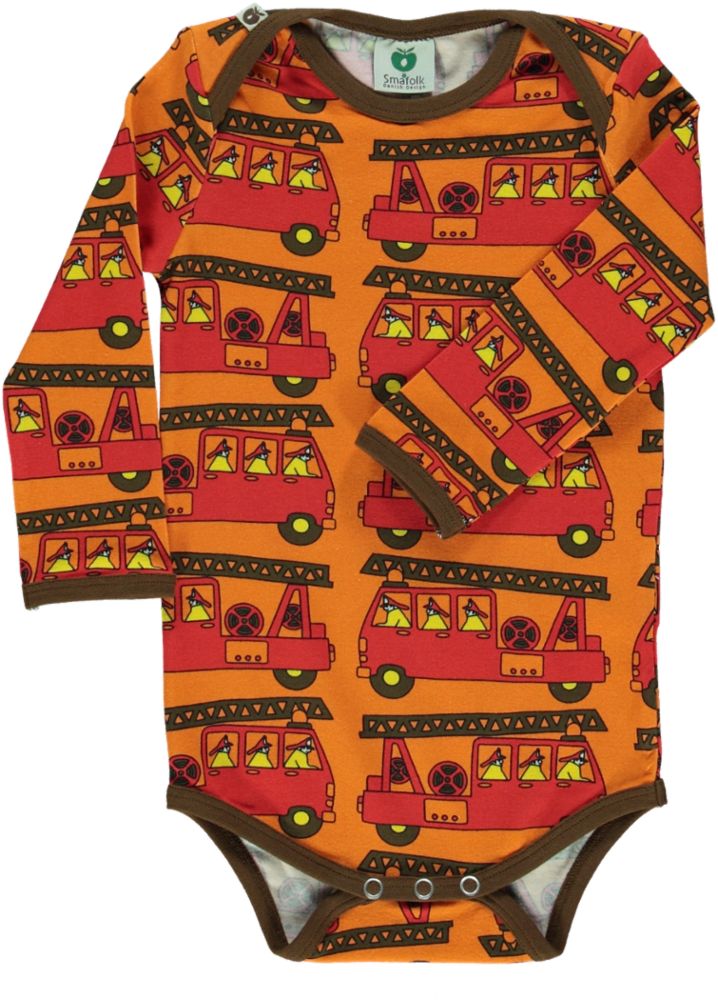 Long-sleeved bodysuit with fire trucks