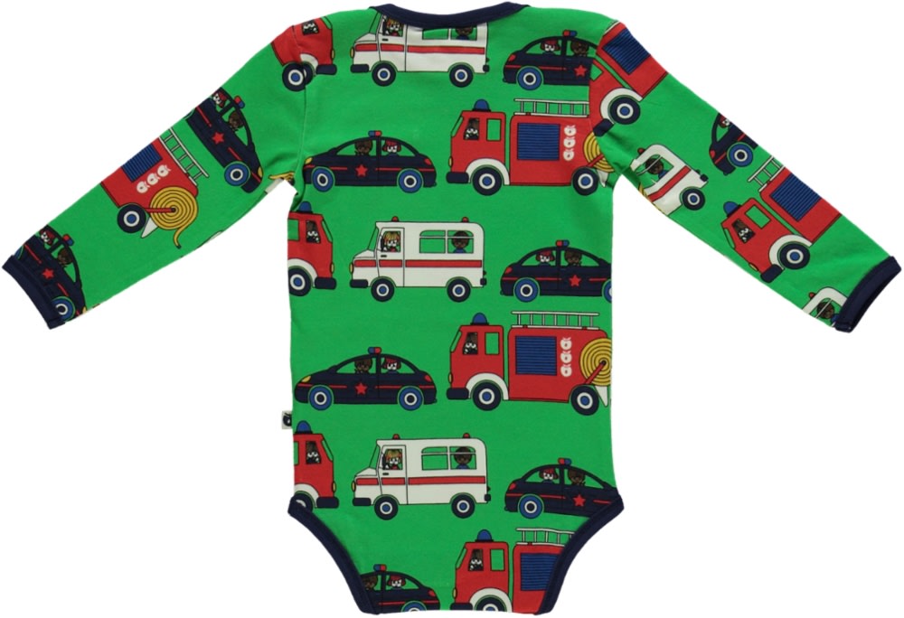 Long-sleeved bodysuit with emergency vehicles