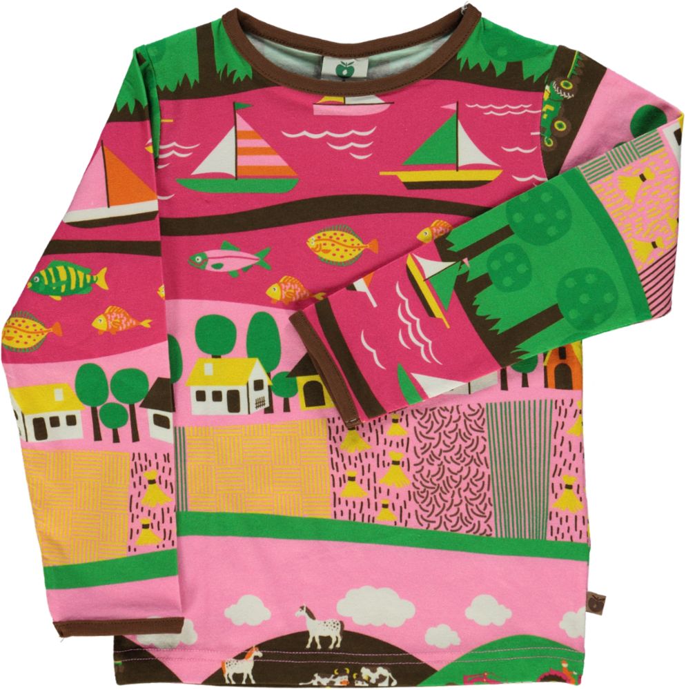 Long-sleeved blouse with landscape print