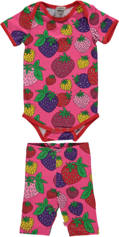 Set with long-sleeved baby bodysuit and strawberry shorts