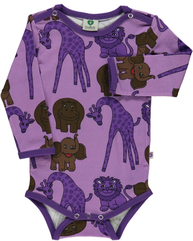 Long-sleeved bodysuit with giraffe, lion, hippopotamus, and elephant