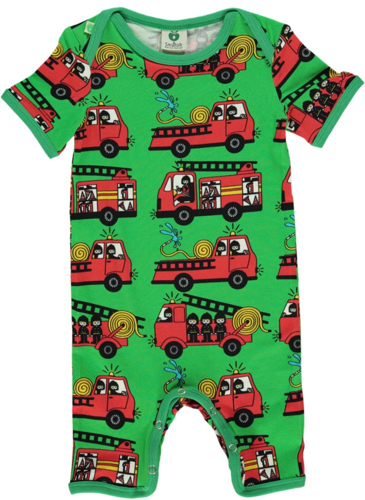 Short-sleeved jumpsuit with fire trucks