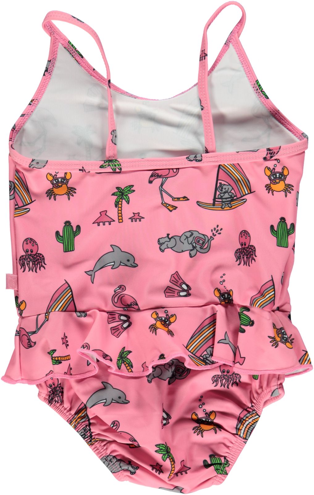 UV50 baby swimsuit with ruffles and ocean world print