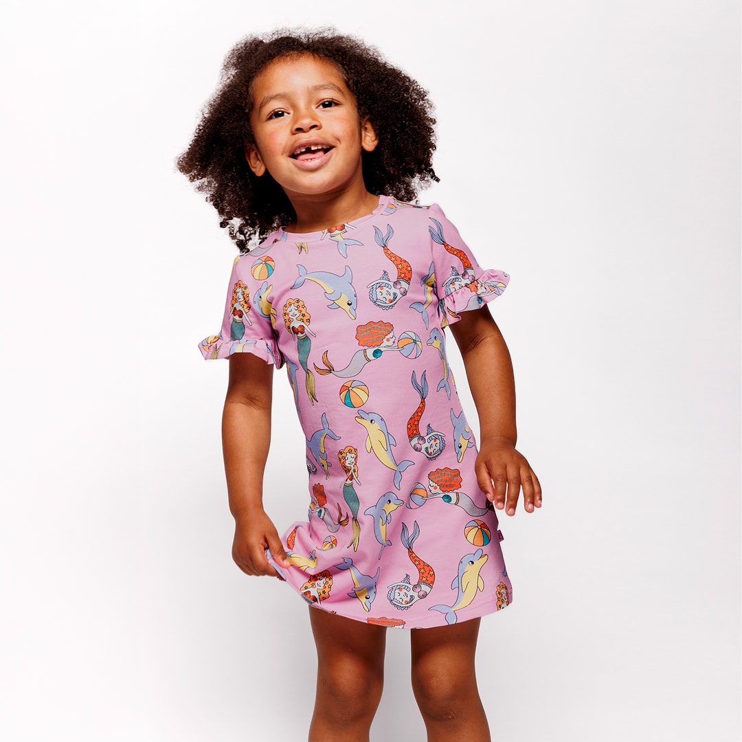 Short-sleeved dress with mermaids and dolphins