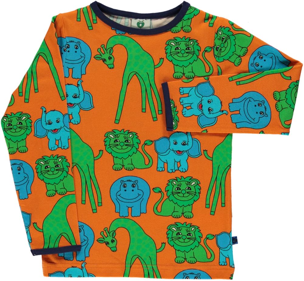 Long-sleeved top with giraffes, lions, hippos, and elephants