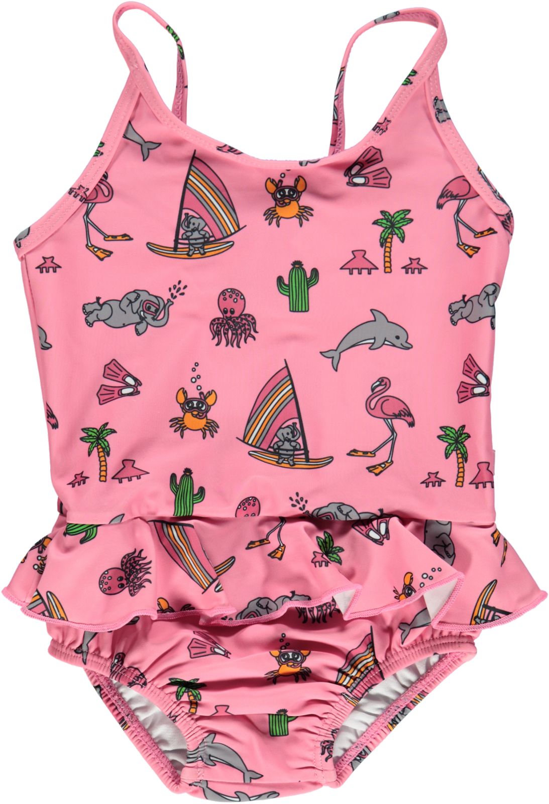 UV50 baby swimsuit with ruffles and ocean world print