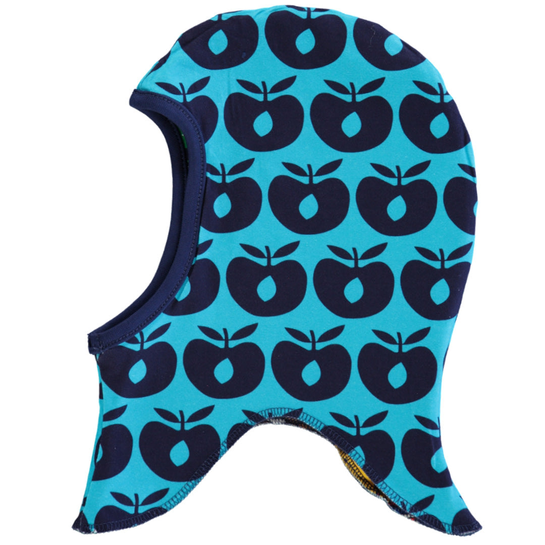 Reversible balaclava with apples and dinosaurs