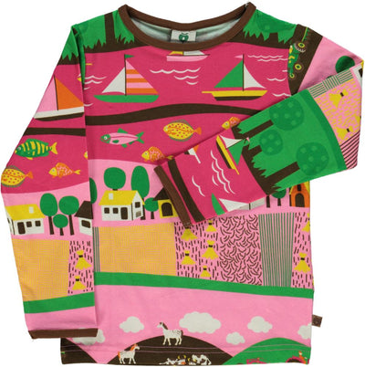 Long-sleeved blouse with landscape print