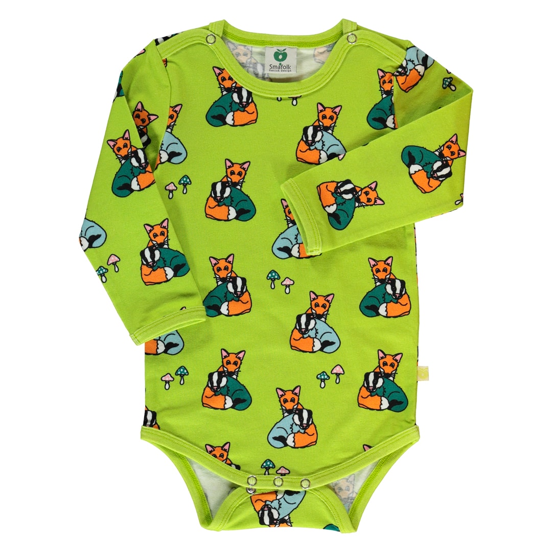 Long-sleeved bodysuit with badger cubs and fox cubs