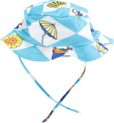 UV sun hat with a wide brim and summer vacation symbols