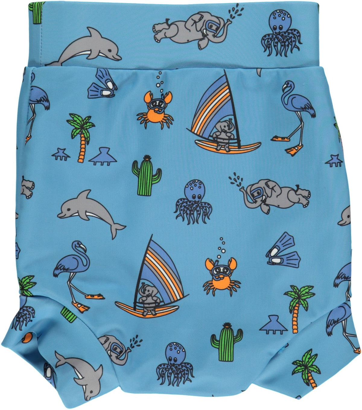 High-waisted swim diapers with an ocean-themed print