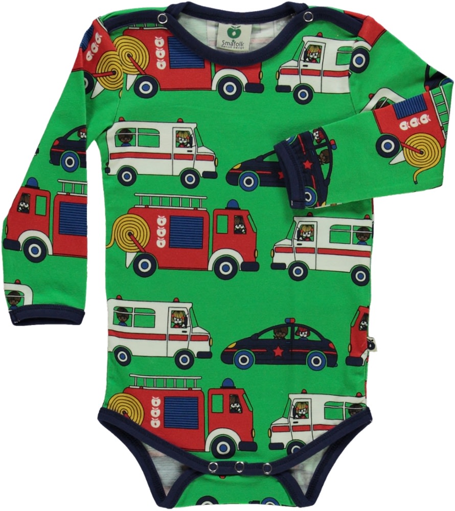 Long-sleeved bodysuit with emergency vehicles