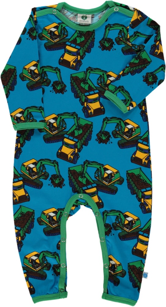 Long-sleeved all-in-one with diggers and dump trucks