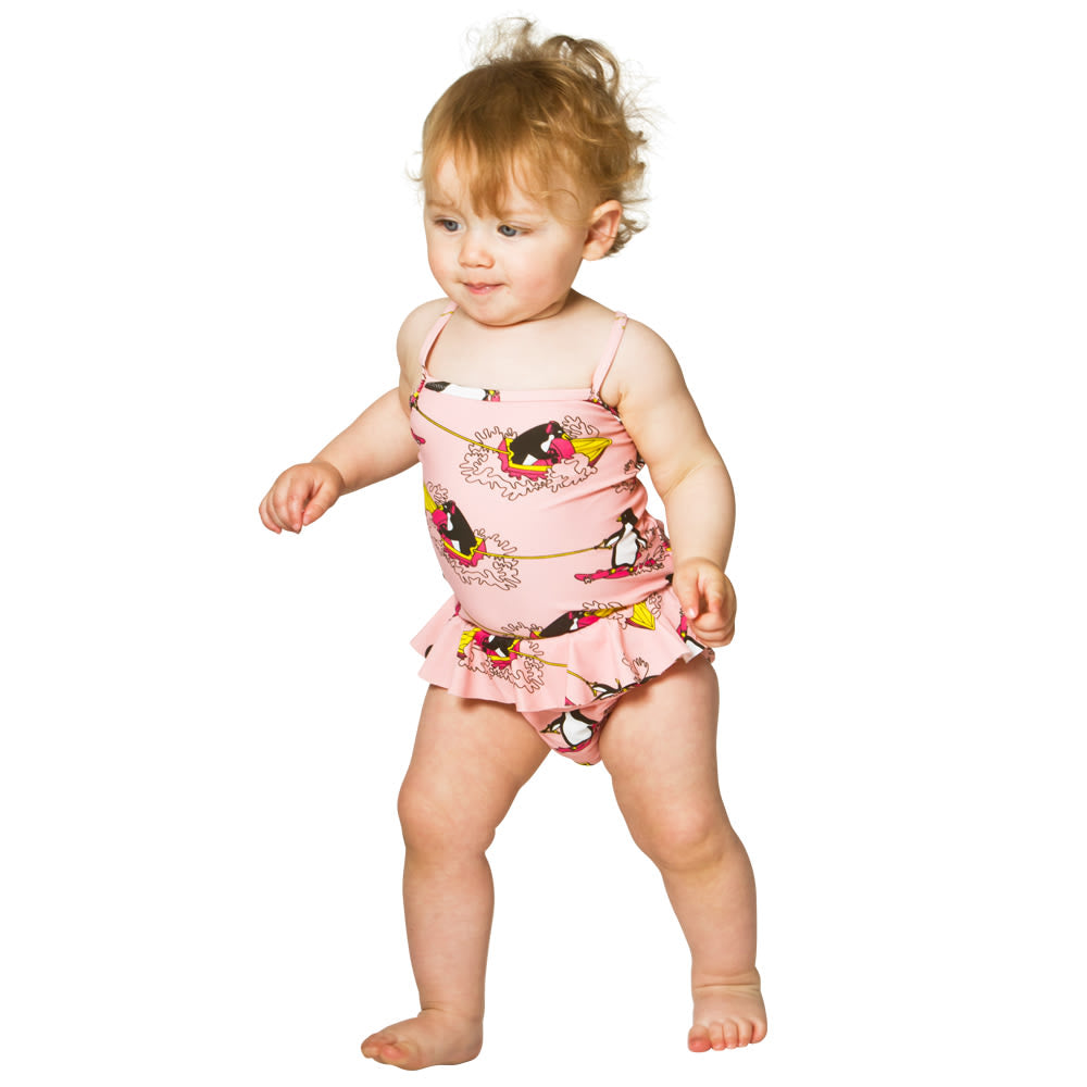 UV50 Baby Swimsuit, with skirt, surfing penguin