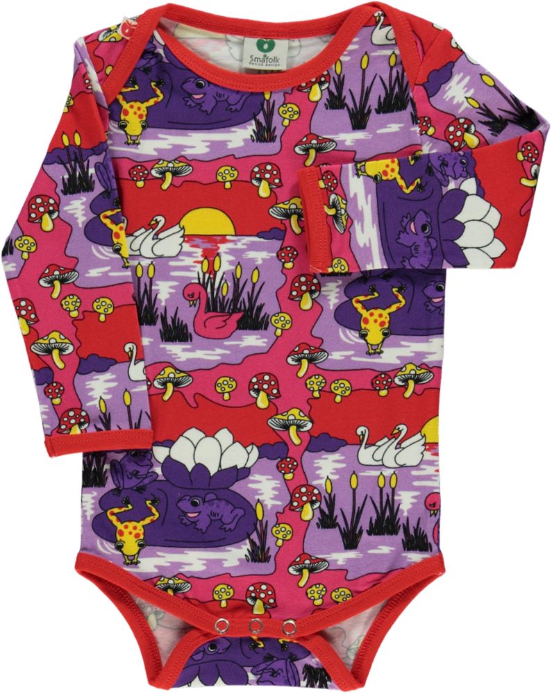 Long-sleeved bodysuit with swans and frogs
