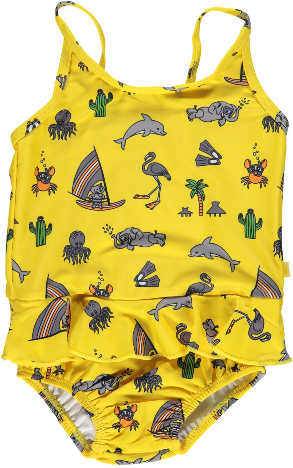UV50 baby swimsuit with ruffles and ocean world print