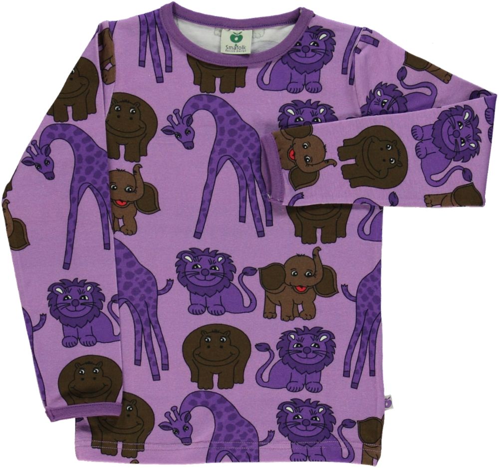 Long-sleeved top with giraffes, lions, hippos, and elephants