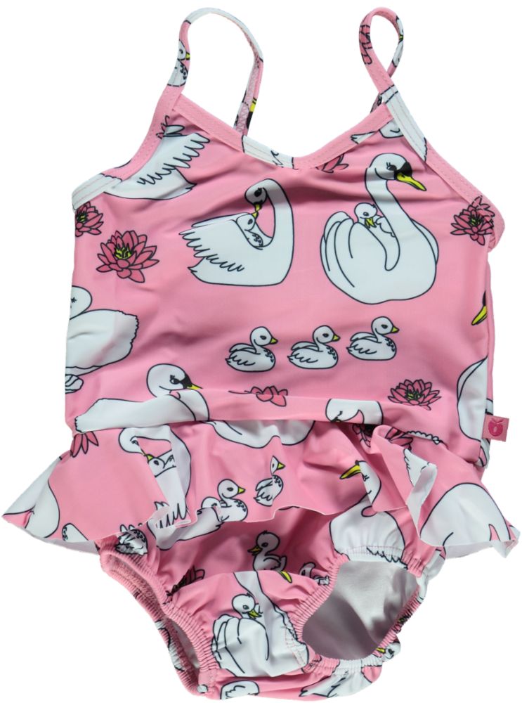 UV50 baby frill swimsuit with swans