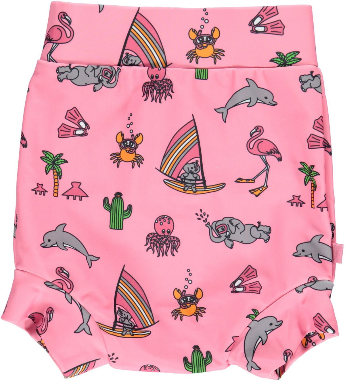 High-waisted swim diapers with an ocean-themed print
